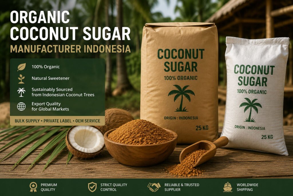 Organic coconut sugar manufacturer Indonesia producing premium bulk coconut sugar for export markets worldwide.