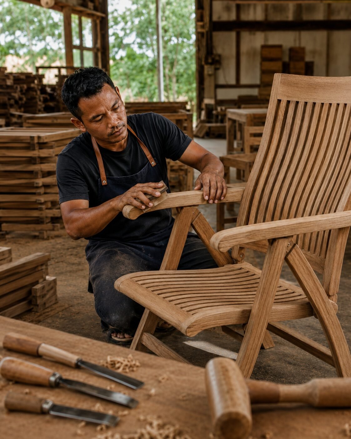 Indonesian artisan crafting premium teak outdoor furniture at Javara Living workshop