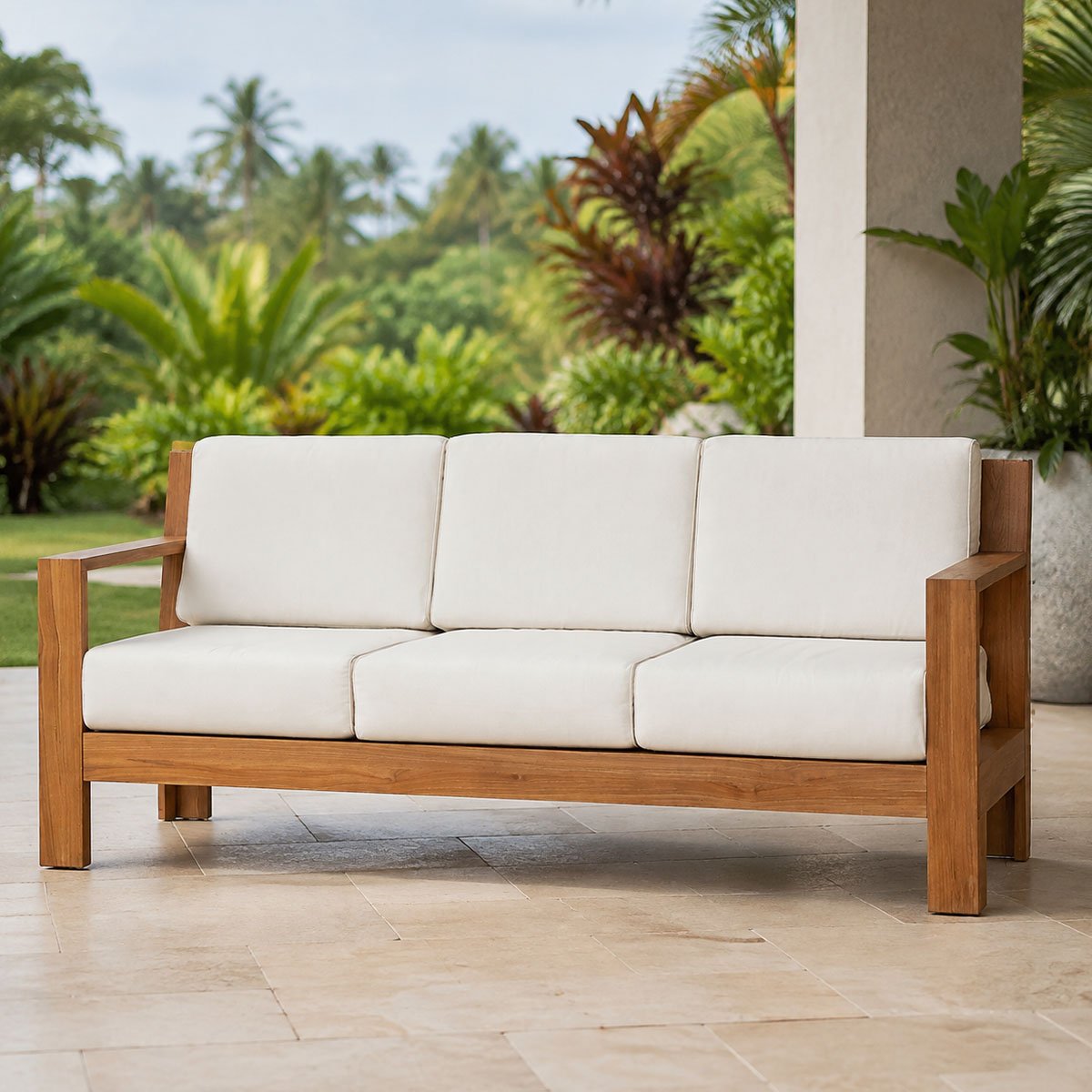 Indonesian teak three-seater garden sofa with white cushions on a tropical villa terrace